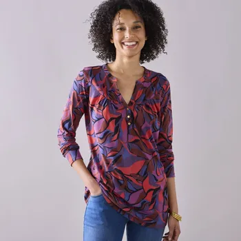 Dámské tričko Tunika s dlouhými rukávy a potiskem květin červená/fialová 34/36