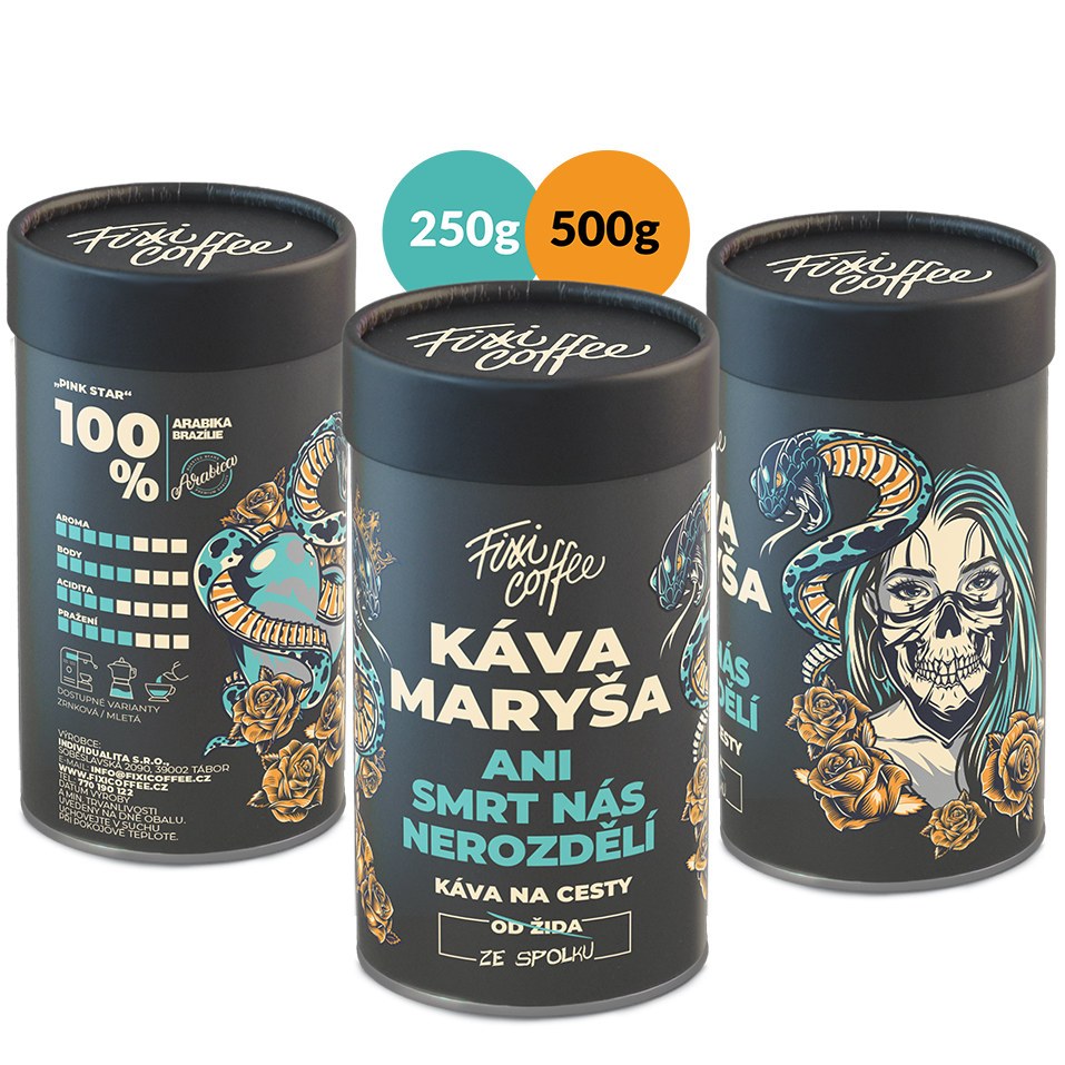 Fixi Coffee Káva Maryša – Ani smrt nás nerozdělí jemně mletá / papírová tuba / 500 g