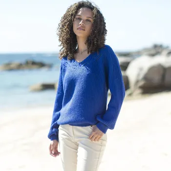 Dámský svetr Pulovr s výstřihem do V a ažurou tmavě modrá 56