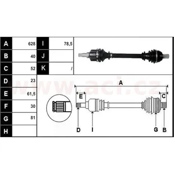 přední poloosa AVORD délka 628mm, 40 drážek u kola, 23 drážek u převodovky MAN M5, bez ABS kroužku, L, repasovaný originál (+vr