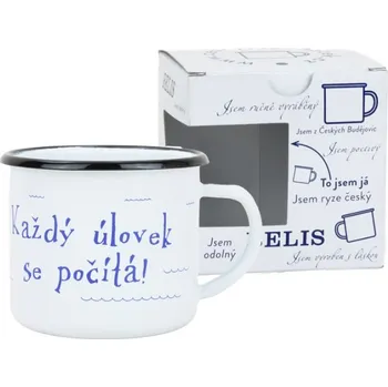 BELIS Smaltovaný hrnek ø 8 cm - 0.35 l bílý "kostra" v krabičce - ČESKÝ PLECHÁČEK