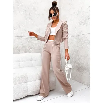 Béžový dámský komplet - krátké sako a široké kalhoty (8263) odstíny béžové XL (42)