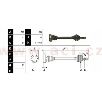 poloosa AVORD délka 455 mm, 22 drážek u kola, 6x M8 průměr 100 mm u převodovky, L, repasovaný originál (+vratná část 595 Kč/25,