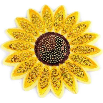 Textilní nažehlovací páska Nažehlovačka slunečnice s flitry - žlutá