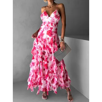 Dámské šaty Růžové dlouhé květinové šaty PARASY s volány Velikost: ONESIZE