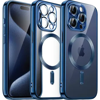 Pouzdro na mobilní telefon Silikonový průhledný kryt Magsafe s ochranou fotoaparátu pro iPhone 14 Pro Max Barva: Tmavě modrá