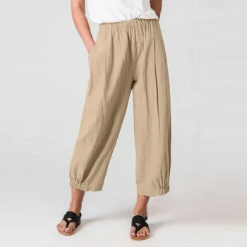 Dámské kalhoty Dámské letní kalhoty s elastickým pasem Barva: Khaki, Velikost: M