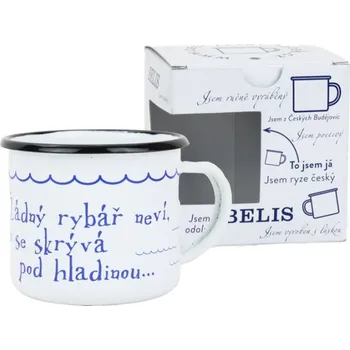 BELIS Smaltovaný hrnek ø 8 cm - 0.35 l bílý "voda" v krabičce - ČESKÝ PLECHÁČEK