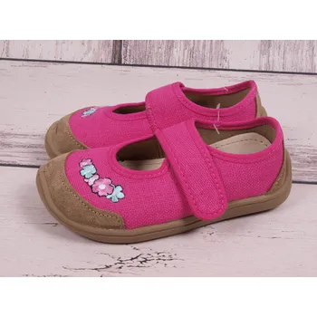 Dívčí bačkory Bačkory plátěnky 3F 3BE2/LN23 bar3foot super flexi růžové s kvítky barefoot, suchý zip velikost: 32