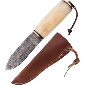 Multifunkční nůž Deepeka Užitkový nůž z damaškové oceli s kostěnou rukojetí a pochvou