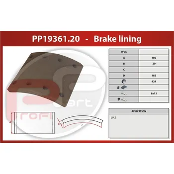 Brzdová čelist Brzdové obložení LIAZ zadní - Profi Part, 424x180x20 WVA
