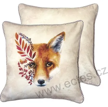 Dekorativní polštářek IHR FOREST FOX bavlněný dekorační polštář hlava lišky s listím a bobulemi