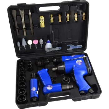 Sada pneumatických nástrojů - rázový utahovák, ráčnový utahovák, bruska a sekáč, 33 dílů