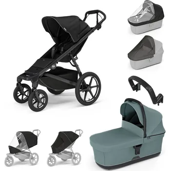Kočárek THULE Urban Glide 4-wheel Black + korba Mid blue + pláštěnka + moskytiéra + madlo + pláštěnka a moskytiéra na korbu