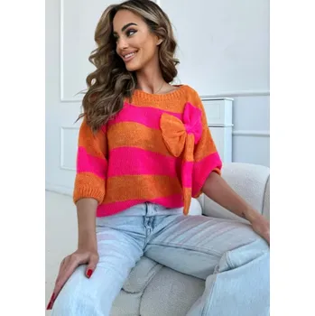 Dámské oblečení Fashionweek Svetr pruhovaný s mašlí JK-WENDY Barva: Oranžový, Velikost: Universal
