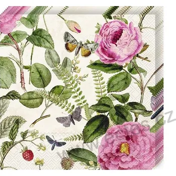 Papírový ubrousek IHR METTE papírové dezertní ubrousky růžové rozkvetlé růže a noční motýlci 20 ks