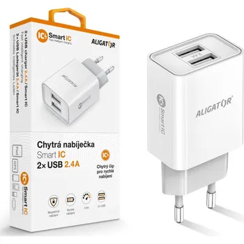Chytrá síťová nabíječka ALIGATOR 2,4A, 2xUSB, smart IC, bílá