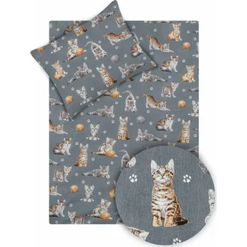 Povlečení DARRÉ Bavlněné povlečení do postýlky Roztomilé kočičky šedé 95 x 130 + 45 x 65