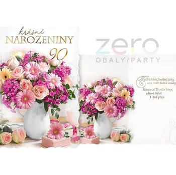 Přání s textem narozeninové 90 + obálka - kytice ve váze