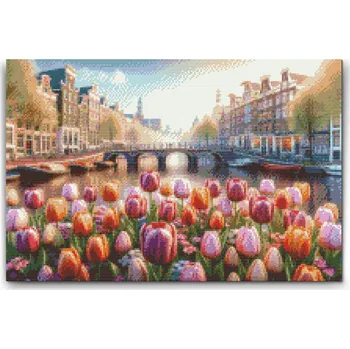Diamantové malování Diamantové malování - Tulipány s výhledem na most Velikost: 40x60cm, Rámování: Pouze srolované plátno, Diamanty: Čtvercové