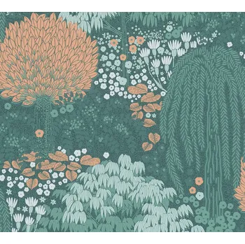 Tapeta A.S. Création | Vliesová tapeta na zeď Famous Garden 39350-3 | 0,53 x 10,05 m | vining ivy, zelená, oranžová, bílá + Vining ivy, zelená, oranžová, bílá vliesová tapeta na stěnu 393503 v rozměru 0,53 x 10,05 m