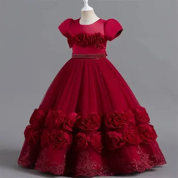 Dívčí oblečení Čína Dívčí večerní (společenské, družičkovské) šaty s růžičkami Barva: Vínová, Velikost: 160 (11-12 let)