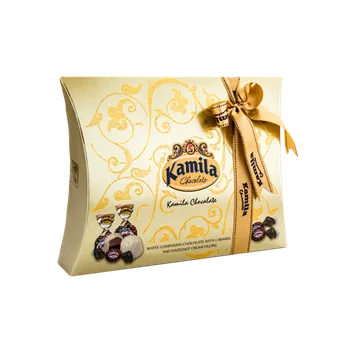 Bonboniéra Bonboniéra KAMILA 300g polštářek s mašlí ZLATÁ (KAMILA / výběr pralinek / pralinky s mašlí / polštář / pillar)