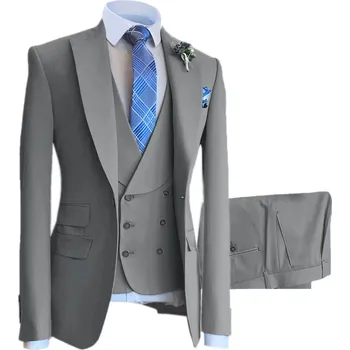 Pánský oblek Luxusní svatební oblek na svatbu s dvouřadou vestou Barva: Stříbrná, Velikost: M