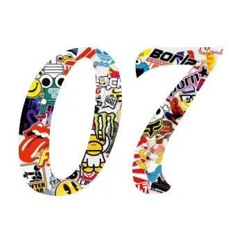 Polep vozidla Startovní číslo 07 typ 3 (83 - Sticker bomb) SAMOLEPKA NA AUTO, NÁLEPKA, FÓLIE, POLEP, TUNING, VLASTNÍ TEXT, TISK, AUTOSAMOLEPKY.cz, POLEPY, OBRÁZEK, LOGO, 3D STICKERS