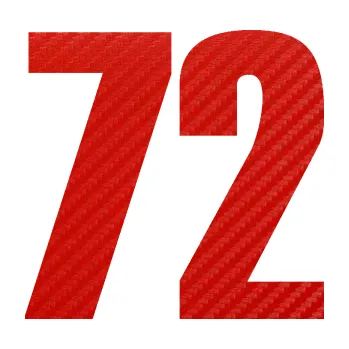 Samolepicí dekorace na vozidlo Startovní číslo 72 typ 2 (53 - 3D karbon červený) SAMOLEPKA NA AUTO, NÁLEPKA, FÓLIE, POLEP, TUNING, VLASTNÍ TEXT, TISK, AUTOSAMOLEPKY.cz, POLEPY, OBRÁZEK, LOGO, 3D STICKERS