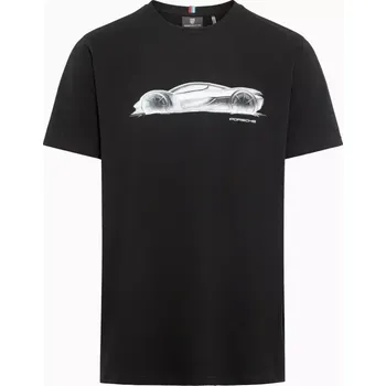 PORSCHE T-shirt 75Y Mission X hypercar Tričko jubilejní s potiskem černá (Exkluzivní bavlněné tričko Porsche s potištěnou skicou hypercaru Mission X.)