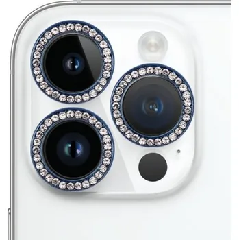 Tvrzená skla posázená kamínky k ochraně čoček zadního fotoaparátu pro iPhone 15 Pro / 15 Pro Max - modrá