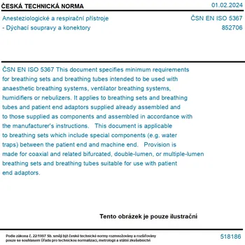 ČSN EN ISO 5367 - Anesteziologické a respirační přístroje - Dýchací soupravy a konektory - Tisk