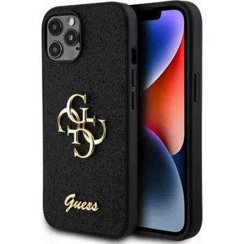 Pouzdro na mobilní telefon Guess PU Fixed Glitter 4G Metal Logo Zadní Kryt pro iPhone 12/12 Pro, černá Nové