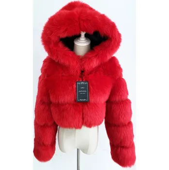 Dámský kožich Krátký kožich chlupatý s kapucí a dlouhým rukávem Barva: Červená, Velikost: 4XL