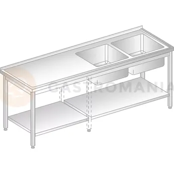 Nerezový dřez Stůl přístěnný z nerezové oceli s 2 dřezy a poličkou 2200x600x850 mm | DORA METAL, DM-3213