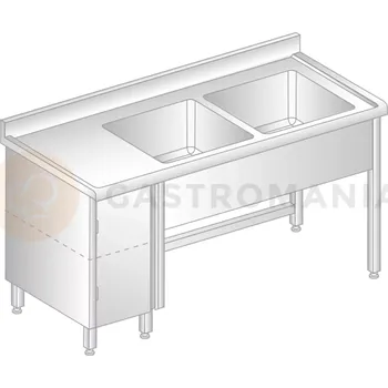 Nerezový dřez Stůl přístěnný z nerezové oceli s 2 dřezy, skříňkou, zadní lištou a okapovou lištou 1500x600x850 mm | DORA METAL, DM-S-3015