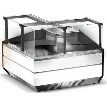 Chladicí modulární rohový pult vnější s tvrzeným svislým rovným sklem, horním otvíráním, systémem sušení skla a nerezovou deskou 1450x1200x1210 mm | RAPA, L-X/NZ