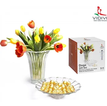 Váza VIDIVI VIDIVI, skleněná váza (průměr 22,5 cm, výška 30 cm) a miska (průměr 34 cm, výška 9 cm) DOGE