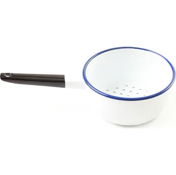 Cedník a síto Olymp Retro (modrý lem), smaltovaný cedník s dlouhou rukojetí 16 cm, 1,5 l