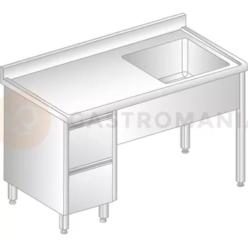 Nerezový dřez Stůl přístěnný z nerezové oceli s dřezem, 2 šuplíky, zadní lištou a okapovou lištou 1200x700x850 mm | DORA METAL, DM-S-3012