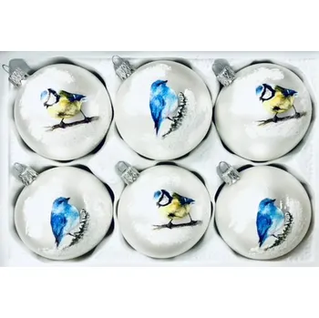 Vánoční ozdoba Irisa Sada "Ptačí vánoční bašta" - 6 ks, skleněné ozdoby, velikost 8 cm (ptáci mají svou vlastní oslavu) Velikost: 8 cm, Balení: 6ks, Barva: bílá