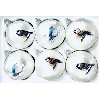 Vánoční ozdoba Irisa Sada "Ptačí vánoční revoluce" - 6 ks, skleněné ozdoby, velikost 8 cm (letí až do srdce vánočního shonu) Velikost: 8 cm, Balení: 6ks, Barva: bílá