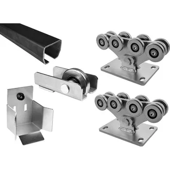 Pohon brány SADA IBFM 65C - díly pro výrobu samonosné posuvné brány do 7m průjezdové šíře a do 650kg, černý C profil 9m, 2x vozík, kapsa a koncovka