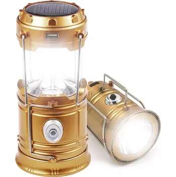 kempingová lampa LED solární kempingové světlo, turistická svítilna s funkcí powerbanky, zlatá