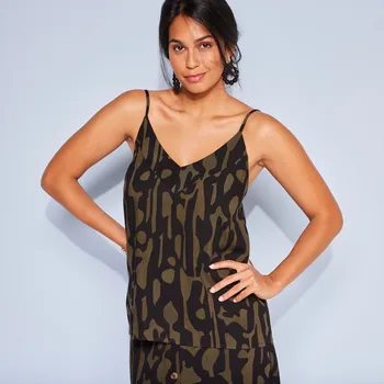 Dámské tričko Top s výstřihem do V a grafickým potiskem, eco-friendly viskóza khaki/černá 50