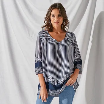 Rozšířená tunika s 3/4 rukávy a potiskem indigo/režná 36