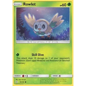 Volný čas Pokémon CEC 018/236 Rowlet - Cosmic Eclipse Stav: Excellent, Verze: NORMAL