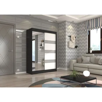 Šatní skříň Šatní skříň s posuvnými dveřmi Toura - 150 cm Barva: Černá/Bílá + Šedý Lacobel