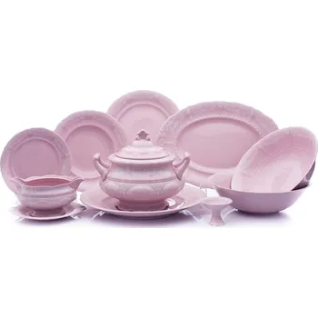 Jídelní set Leander Jídelní souprava Sonáta, bílá krajka, růžový porcelán, Leander, 25 dílná